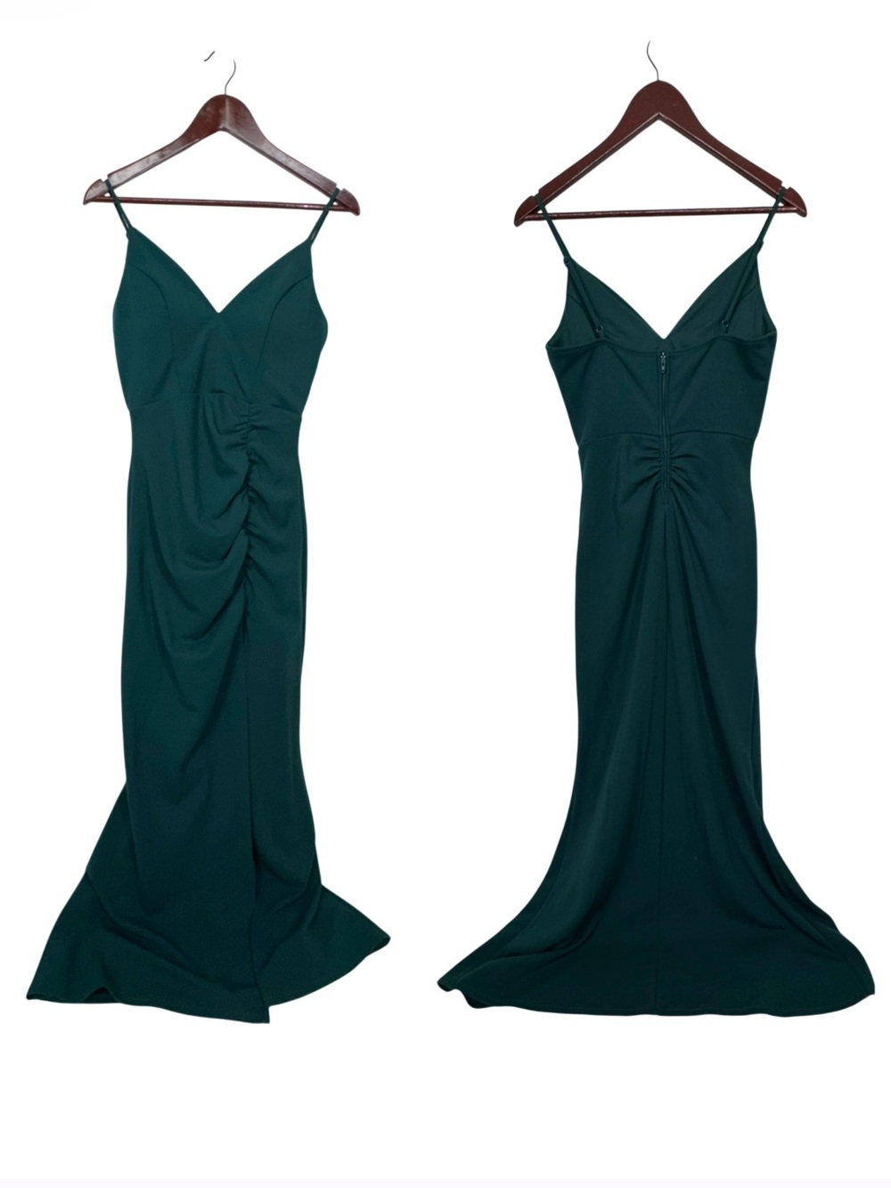 Windsor Solid Green Spaghetti Strap Cinched Evening Dress With Leg Slit